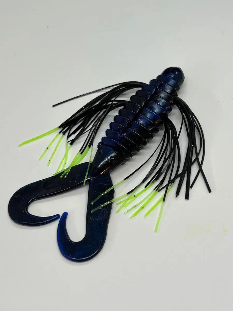 Tightlines UV Whisker Big'N Bug 4" - Blue Black Swirl w/ Chart Tip/Tiger 4pk - Lucky Lure Tackle
