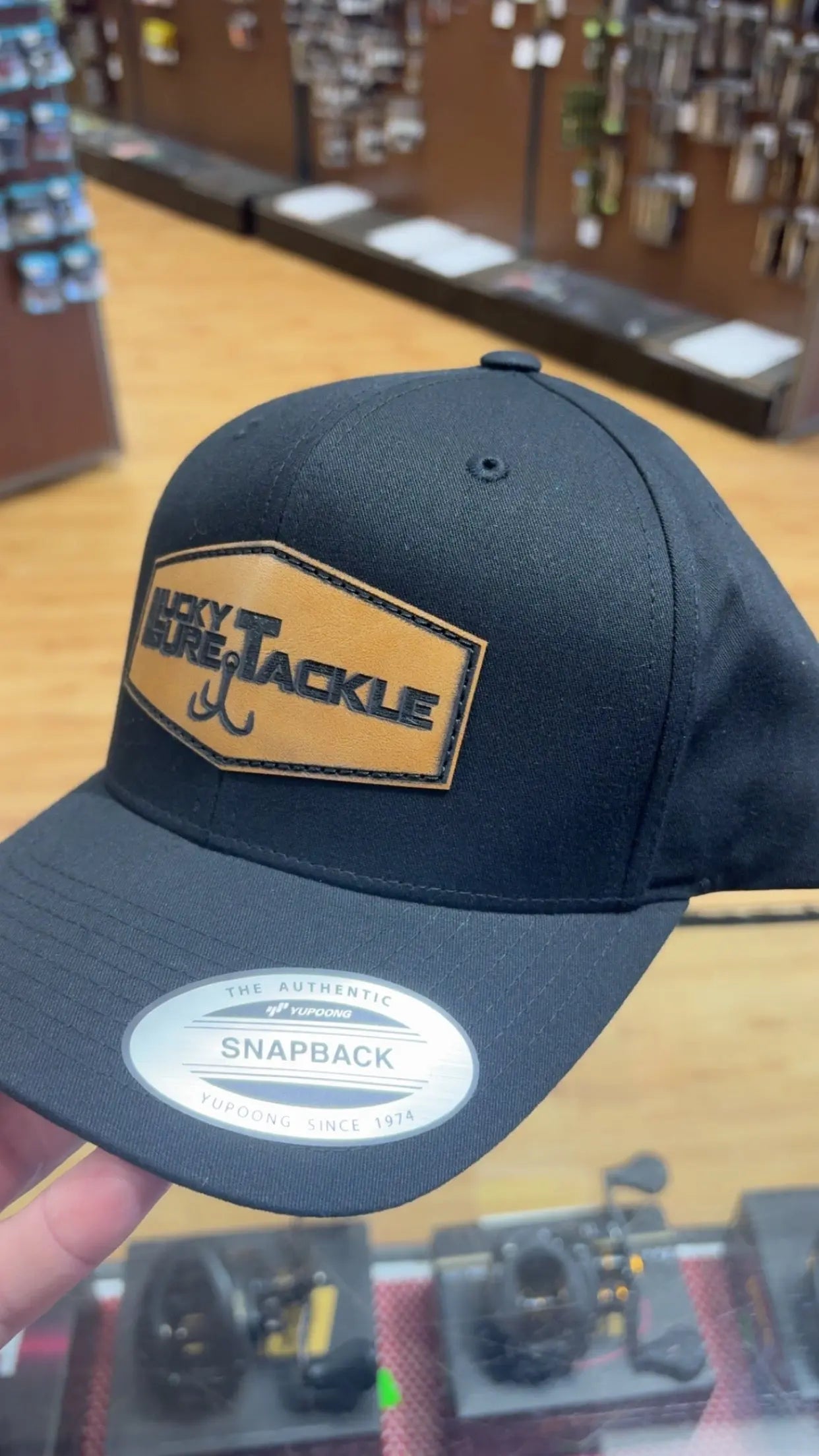 Lucky Lure Leather Patch Hat - Black Yupoong - Lucky Lure Tackle