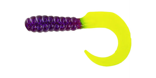 Big Bite Baits 2" Curl Tail Grub - Purple Glitter Chartruese - Lucky Lure Tackle